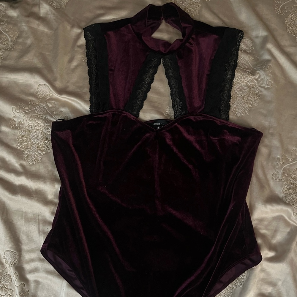 Forever 21 Purple and Black lace Cut Out Backless Velvet Bodysuit.
